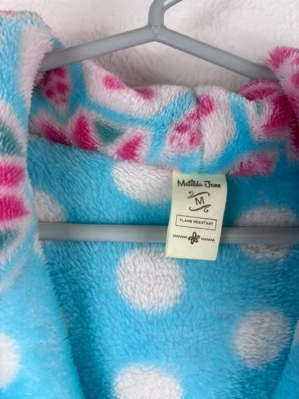 Matilda Jane girls medium blue polka‎ dot fleece bath robe hooded tie front